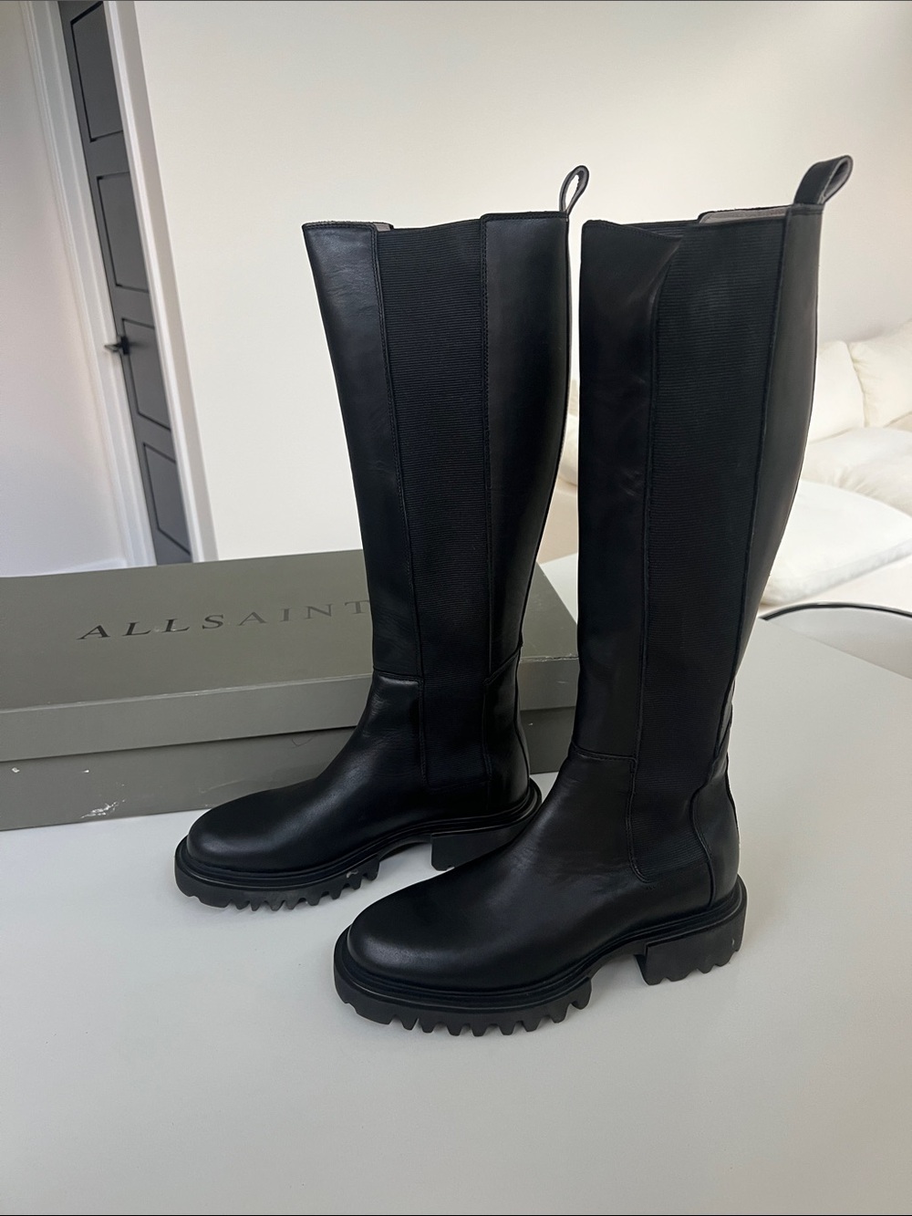 ALLSAINTS maeve black leather combat knee high long boots 39
